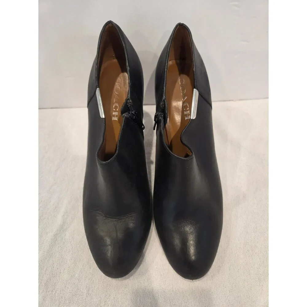 Coach Seneca Black Glazed Leather Ankle Booties High Heel Zipper Boots Size 10